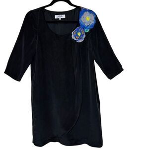 Tibi New York Black Silk Elbow Sleeve Dress W/Floral Embroidery Size S